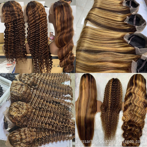 Customized Texture Long Honey Blonde Human Hair Wig Brown Highlight Color Cuticle Aligned Hair Transparent Lace Front Wigs